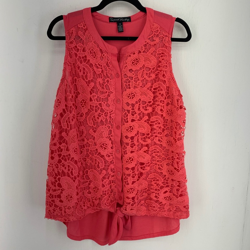 French Laundry Lace Button Front Tie Hem Sleeveless Top Women 1X Boho Summer